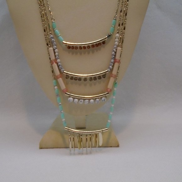 ANTHROPOLOGIE PASTEL STONE LAYERED SILVER STATEMENT NECKLACE NWOT YP - Picture 2 of 4